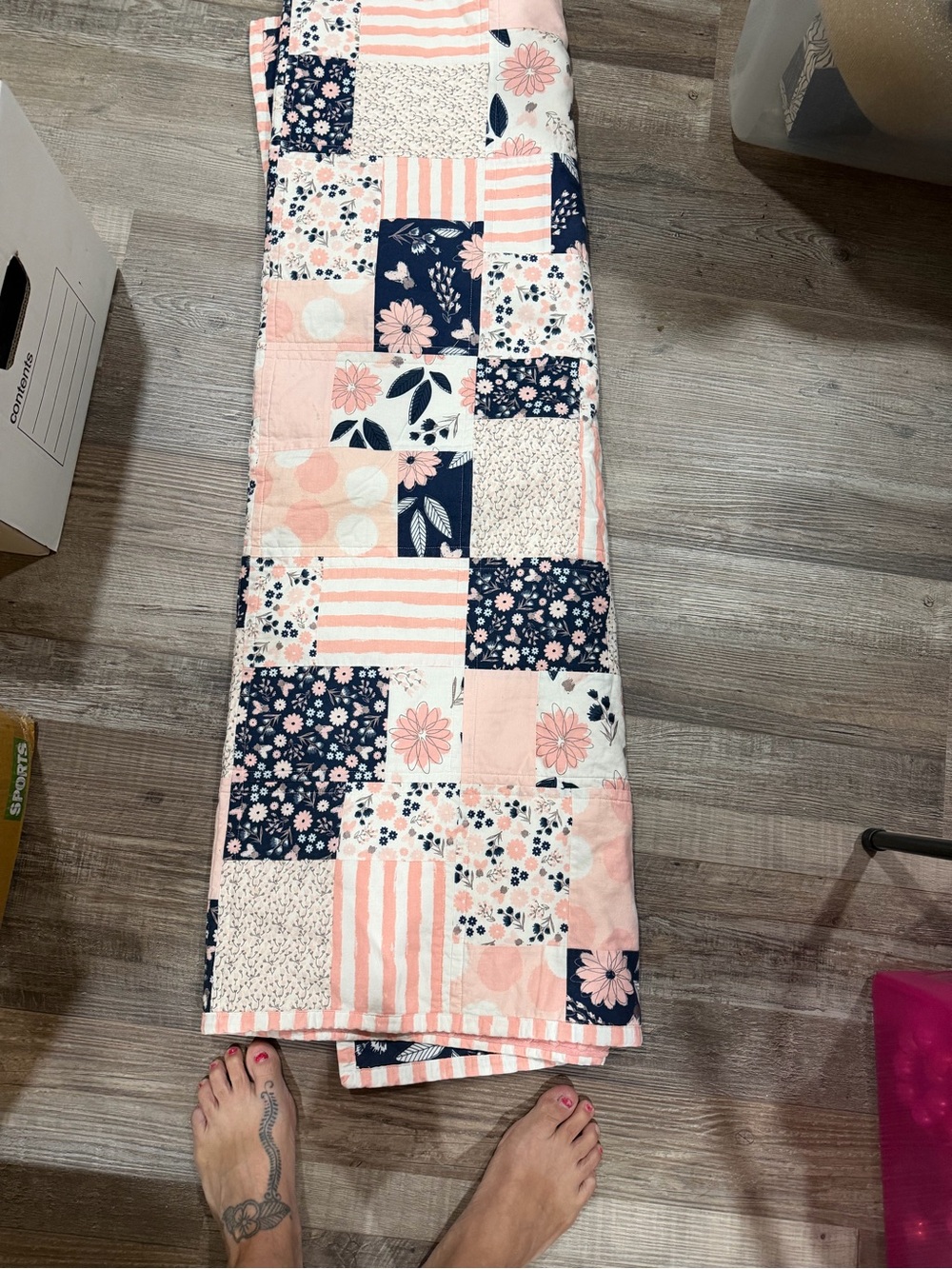 Floral Patchwork Quilted Bed Runner - Pink & Navy